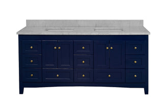Abbey 72-inch Double Bathroom Vanity Royal Blue Cabinet Carrara Marble Top - Front