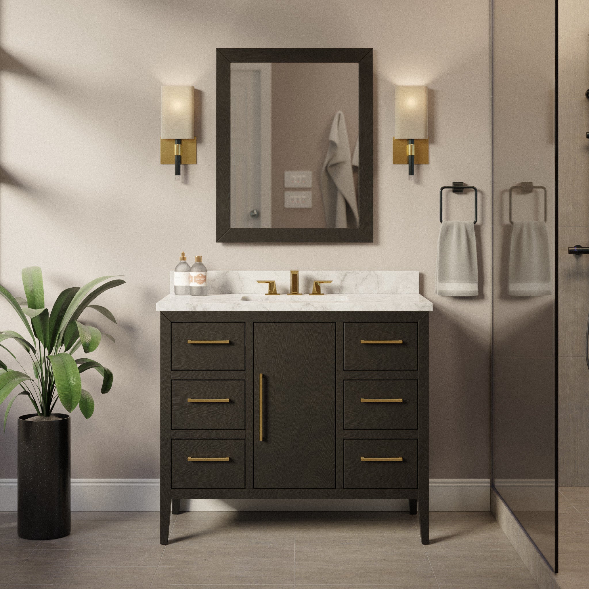Parisian 42" Modern Bathroom Vanity Oak with Carrara Marble Top