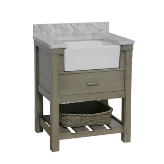 Charlotte 30" bathroom vanity farmhouse sink weathered gray cabinet carrara marble top