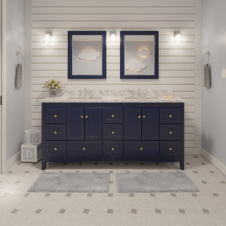 Abbey 72-inch bathroom vanity with blue cabinet and Carrara marble top