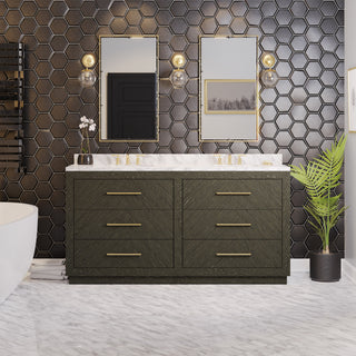 Avery 72-inch bathroom vanity with dark oak cabinet and Carrara marble top