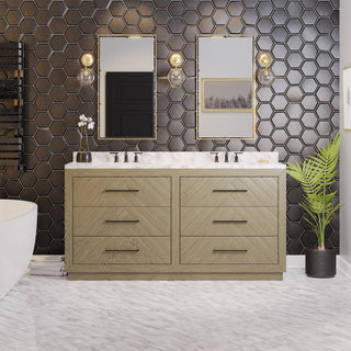 Avery 72-inch bathroom vanity with gray oak cabinet and Carrara marble top