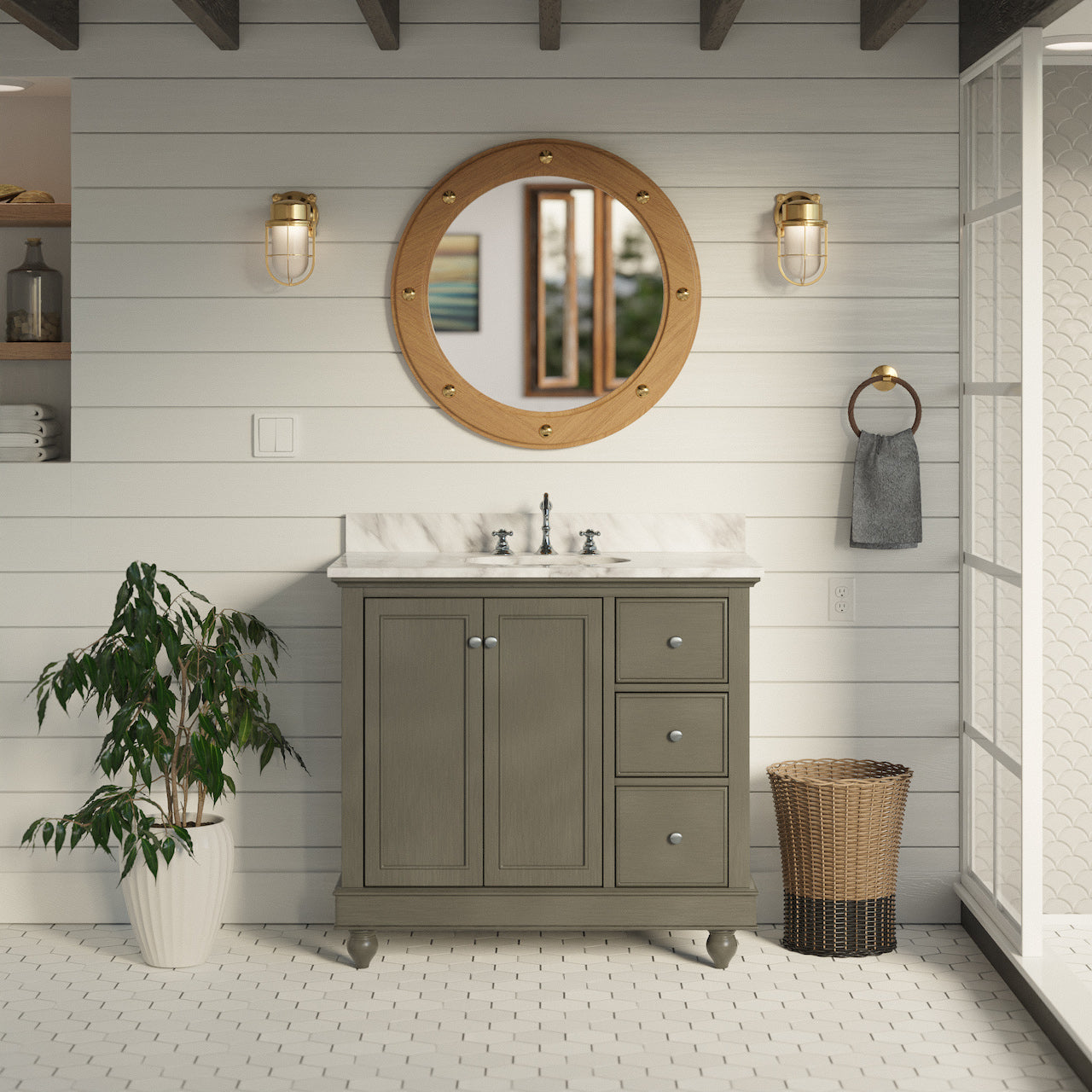 thumbnail image 2 of Runfine 36-in Baltic Birch Undermount Single Sink Bathroom Vanity With Carrara White Engineered Stone Top In Yellow | RF110437 2 of 13
