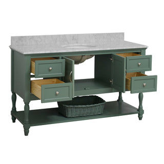 Beverly 60-inch Single Vanity Green Cabinet Marble Top Open
