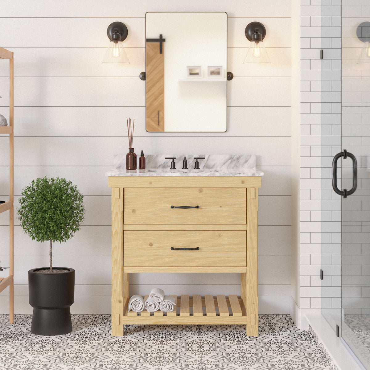 Birmingham 36" Rustic Natural Wood Bathroom Vanity with Carrara Marble ...