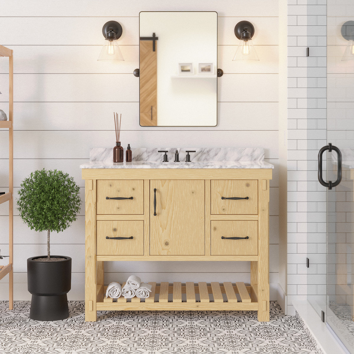 Birmingham 42" Rustic Natural Wood Bathroom Vanity with Carrara Marble ...