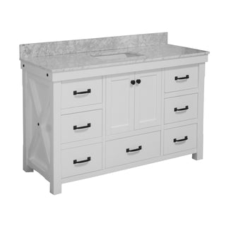 Tuscany 60-inch Single Bathroom Vanity Rustic White Cabinet Carrara Marble Top - Side
