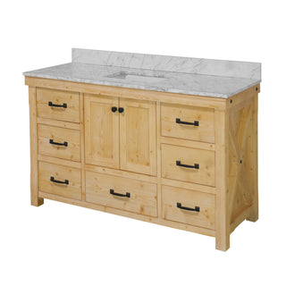 Tuscany 60-inch Single Bathroom Vanity Rustic Natural Wood Cabinet Carrara Marble Top - Side