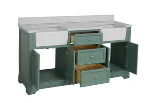 Zelda 72-inch Double Farmhouse Vanity Green Cabinet Quartz Top - Interior